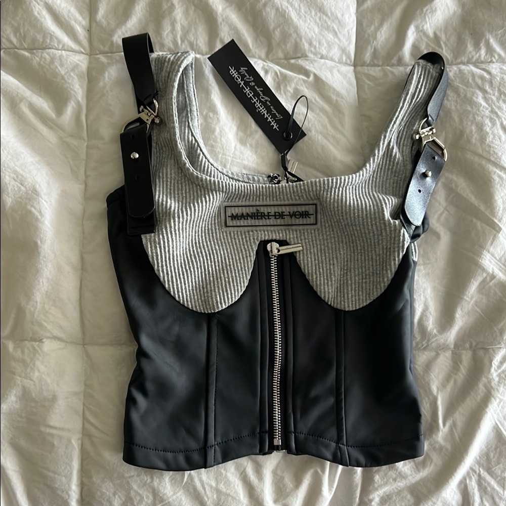 Maniere De Voir Black and Gray Ribbed Bustier with faux leather details